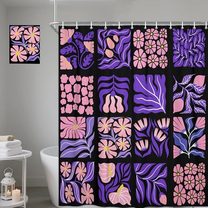 JAWO Retro Patchwork Floral Shower Curtain, Mid - Century Modern Boho Bathroom Decor with Pink and Purple Botanical Patterns, Waterproof Fabric Shower Curtain Sets with Hooks, 70X70IN