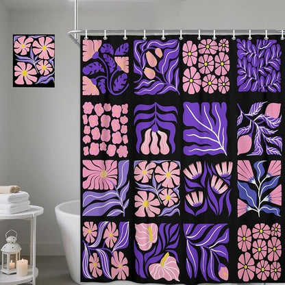 JAWO Retro Patchwork Floral Shower Curtain, Mid - Century Modern Boho Bathroom Decor with Pink and Purple Botanical Patterns, Waterproof Fabric Shower Curtain Sets with Hooks, 70X70IN