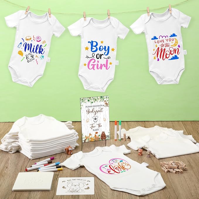 Panitay 126 Pcs Baby Shower DIY Bodysuit Set Bib 25 Blank White Newborn Bodysuit 25 Stencils 24 Marker 1 Sign 50 Pins(Woodland Animals)