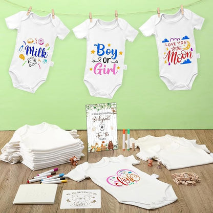 Panitay 126 Pcs Baby Shower DIY Bodysuit Set Bib 25 Blank White Newborn Bodysuit 25 Stencils 24 Marker 1 Sign 50 Pins(Woodland Animals)