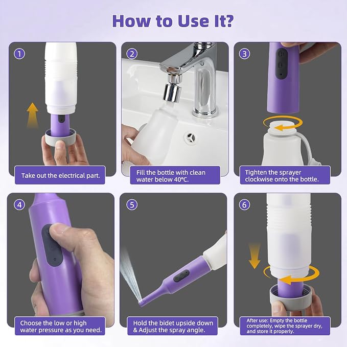 Hibbent Portable Bidet for Travel, High Pressure Electric Handheld Bidet Sprayer, 350-550ML Expandable Bottle for Personal Hygiene, USB-C Rechargeable Waterproof Sprayer for Women & Men, Purple