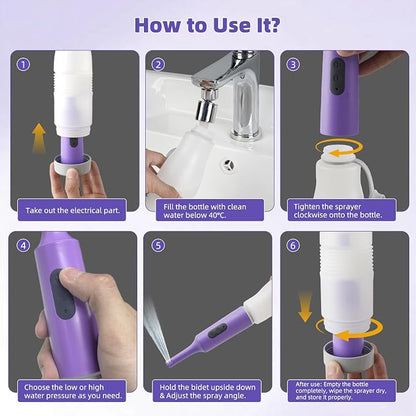 Hibbent Portable Bidet for Travel, High Pressure Electric Handheld Bidet Sprayer, 350-550ML Expandable Bottle for Personal Hygiene, USB-C Rechargeable Waterproof Sprayer for Women & Men, Purple