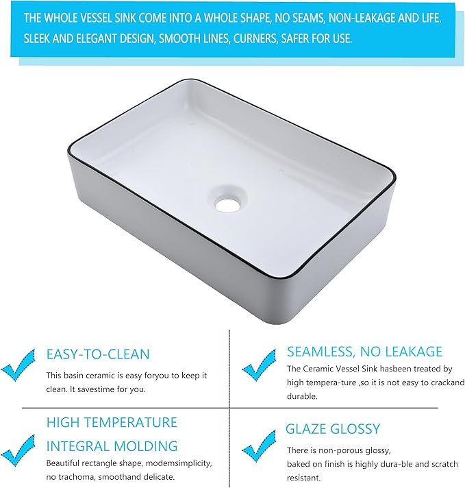 20 Inch Rectangular Bathroom Vessel Sink,20x14 Inch Bathroom Sink White Background with Black Rim Vessel Sink Small Bathroom Sink Above Counter Porcelain Vessel Sink Lavatory Vanity Sink Basin