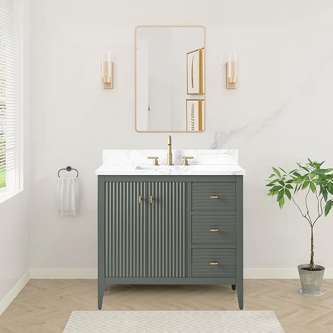 HOMEBEYOND 36" Bathroom Vanity with Sink, Solid Wood Bathroom Vanity Free-Standing Cabinet, Drawers, Ceramic Top & Soft Closing Door, Golden Brushed Handware, Vintage Green