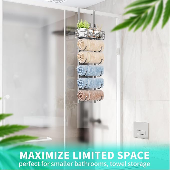 HapiRm Towel Racks for Bathroom Storage - 6 Tier Over The Door & Wall Mount Rolled Towel Storage Organizer Holder with Metal Shelf Basket for Small Bathroom, Camper, Rv - Sliver, Patented