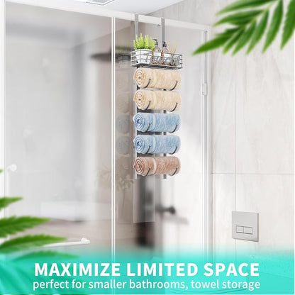 HapiRm Towel Racks for Bathroom Storage - 6 Tier Over The Door & Wall Mount Rolled Towel Storage Organizer Holder with Metal Shelf Basket for Small Bathroom, Camper, Rv - Sliver, Patented