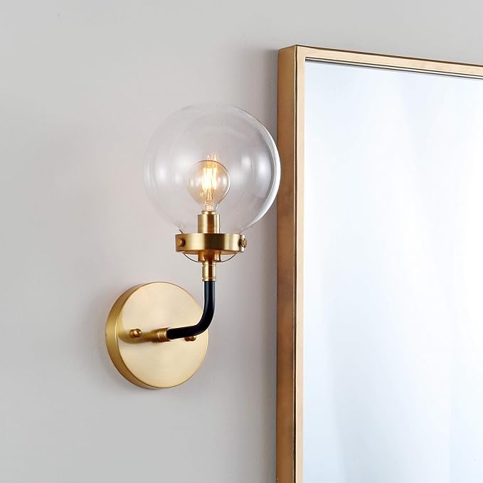 JONATHAN Y 6" Black/Brass Gold 1-Light LED Wall Sconce Vanity Lighting, Clear Glass Globe Shade Modern Contemporary Sconce for Bathroom Mirror, Hallway, UL Listed JYL9009A
