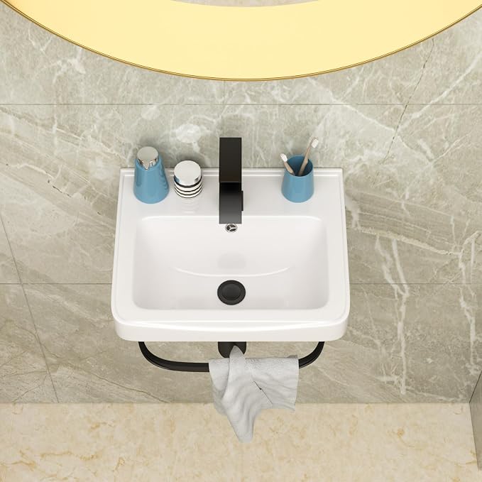 Lordear Wall Mounted Bathroom Sink with Towel Rack 17 x 14 Inch Modern Black Wall Hung Sink for ADA Bathrooms, Rectangular One Hole Porcelain Vanity Sinks