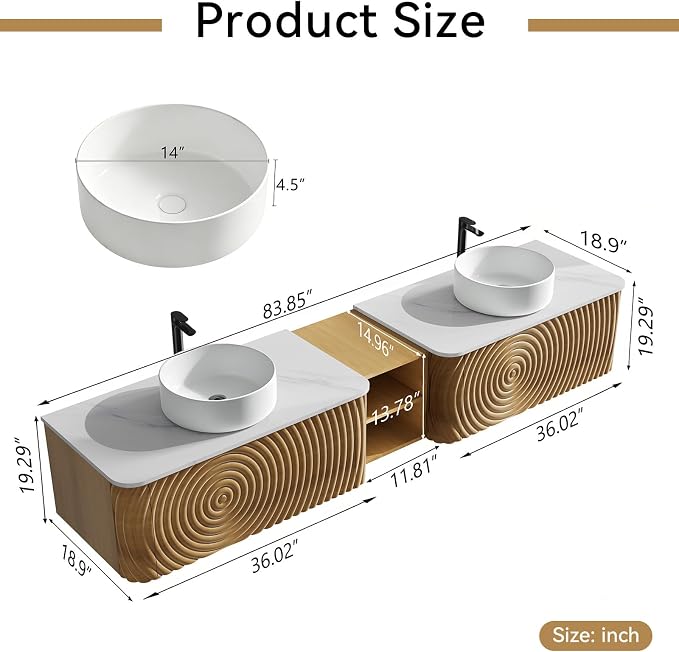 84" Floating Bathroom Vanity with Double Sink, Mid-Century Wall Mounted Bathroom Vanity Cabinet with Wood Waved Decor, Ceramic Vessel Basin, Sintered Stone Top, Soft Close Drawer, Side Open Cube
