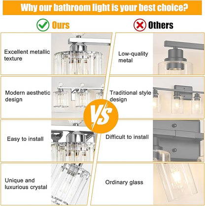 Modern Crystal Bathroom Vanity Light, 3-Lights Bathroom Light Fixtures, Chrome Vanity Light Fixtures over Mirror, Easy Installation & Dimmable Lighting, Crystal Wall Light Fixtures for Bathroom