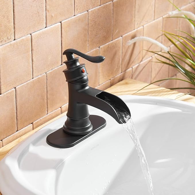 BWE Matte Black Waterfall Bathroom Sink Faucet 1 Hole or 3 Hole, Single Handle Lavatory Faucet with Brass Pop-Up Drain and Water Supply Lines