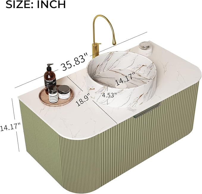 LKTART 36 Inch Floating Bathroom Vanity with Sink, Modern Wall Mounted Bathroom Storage Cabinet with Drawer, Stone Pattern Round White Ceramic Sink Top and Marble Texture Top, Green