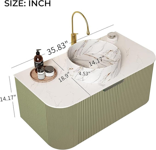 LKTART 36 Inch Floating Bathroom Vanity with Sink, Modern Wall Mounted Bathroom Storage Cabinet with Drawer, Stone Pattern Round White Ceramic Sink Top and Marble Texture Top, Green