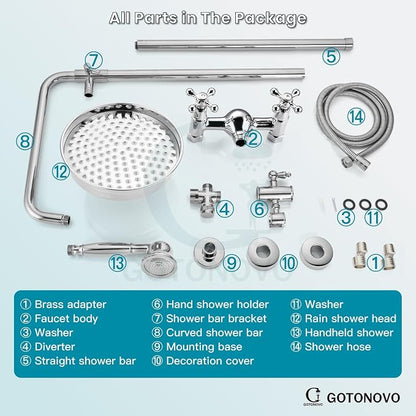 gotonovo Exposed Shower System Wall Mount,Polish Chrome,Metal Handheld | 8” Rain Shower Head Faucet Set Fixtures,2 Function,Two Cross Handle,Height Adjustable,for 5-6.7" Hole,Indoor Victorian Retro