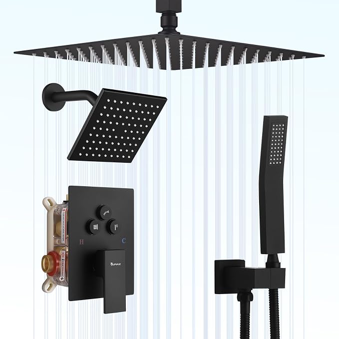 Dual Rainfall Shower Head System, Push Button Shower Faucet Set with 12" Ceiling Mount Rain shower head and 6" Wall Mount Shower Head, Pressure Balance Rough-in Valve (Matte Black)