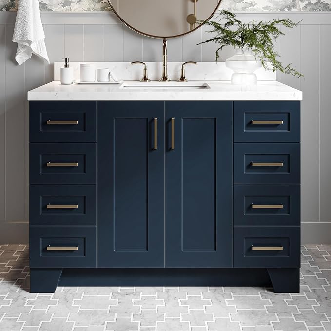 Emilia 48-Inch Bathroom Vanity with Sink — Midnight Blue Single Sink Bathroom Vanity, 1.5" Edge Carrara Quartz Countertop, Solid Wood, 2 Soft Closing Doors, 9 Dovetail Drawers