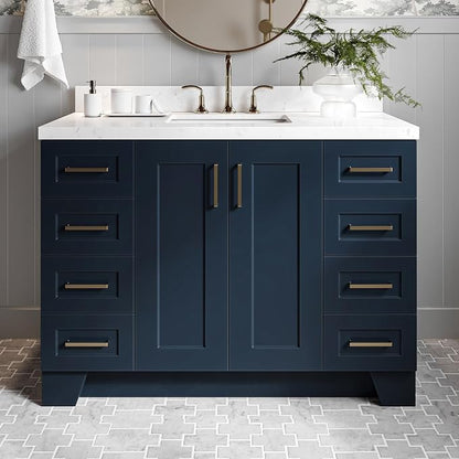 Emilia 48-Inch Bathroom Vanity with Sink — Midnight Blue Single Sink Bathroom Vanity, 1.5" Edge Carrara Quartz Countertop, Solid Wood, 2 Soft Closing Doors, 9 Dovetail Drawers