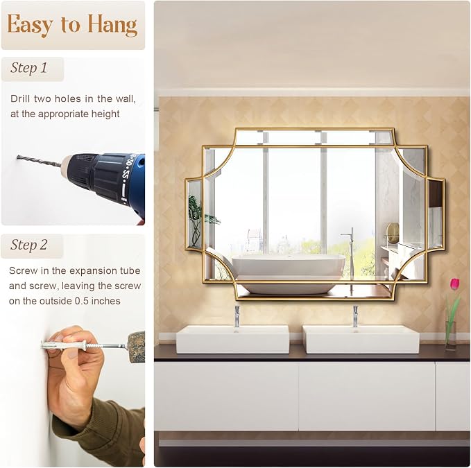 Gold Bathroom Mirror for Wall, 24"x36" Rectangle Vanity Mirror, Polished Beveled Modern Decorative Mirror for Entryway, Living Room, Bedroom (Horizontal/Vertical)