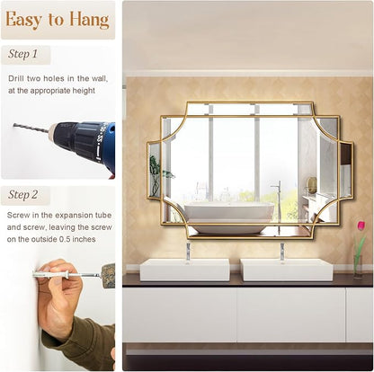 Gold Bathroom Mirror for Wall, 24"x36" Rectangle Vanity Mirror, Polished Beveled Modern Decorative Mirror for Entryway, Living Room, Bedroom (Horizontal/Vertical)