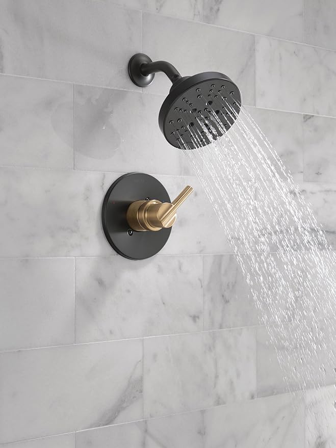 Delta Nicoli 14 Series H2Okinetic Shower Faucet Set, Matte Black/ Brushed Gold Shower Head and Handle Set, Valve Trim Kit, Matte Black/ Champagne Bronze 142749-GZ (Shower Valve Included)