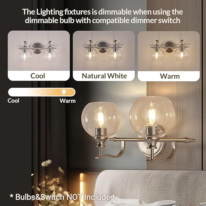 Brushed Nickel Bathroom Light Fixture, 2 Light Bathroom Vanity Light, Farmhouse Silver Wall Sconce, Anti-Rust Wall Lamp with Sturdy Metal Lamp Body for Bedroom, Living Room, Restroom
