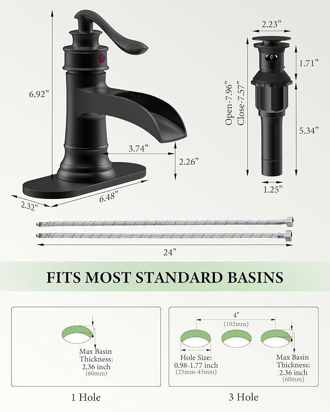 Black Bathroom Faucet Matte Waterfall Sink Farmhouse Vanity Single Hole | Faucets One Handle Basin Antique centerset with Pop Up Drain Stopper Mixer Tap Overflow Supply Line by Homevacious