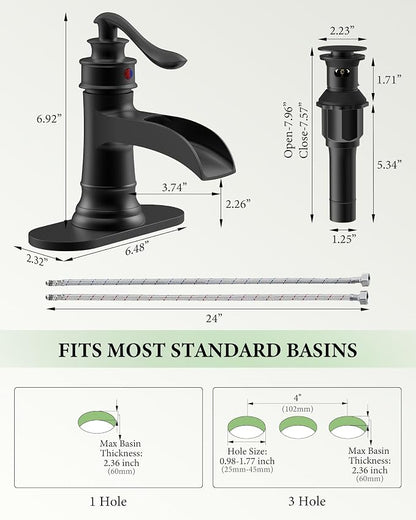 Black Bathroom Faucet Matte Waterfall Sink Farmhouse Vanity Single Hole | Faucets One Handle Basin Antique centerset with Pop Up Drain Stopper Mixer Tap Overflow Supply Line by Homevacious