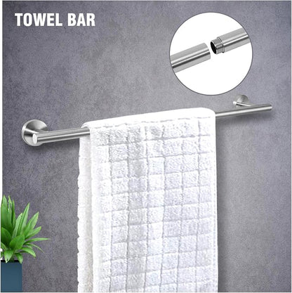 5 Piece Modern Style Wall Mounted Bathroom Hardware Set | #304 Stainless Steel, 24" Towel Bar Mount, Towel Rings, 2 Pillar Toilet Paper Holder, Bathrobe Hook (Brushed Nickel)