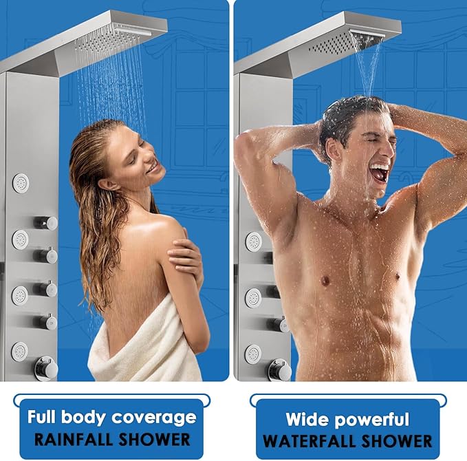 ROVOGO Shower Panel Tower with Rainfall Waterfall Shower Head, 5 Body Jets and 3-Function Handheld, High Pressure Rain Massage System, Wall-Mount Shower Column, 304 Stainless Steel Brushed