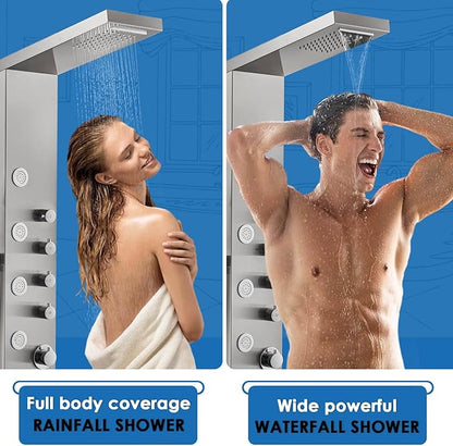 ROVOGO Shower Panel Tower with Rainfall Waterfall Shower Head, 5 Body Jets and 3-Function Handheld, High Pressure Rain Massage System, Wall-Mount Shower Column, 304 Stainless Steel Brushed