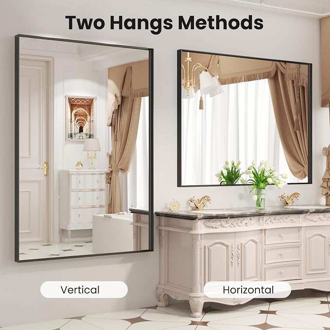 LOAAO Black Bathroom Mirror 48"X36" | Tempered Glass, Hangs Vertically or Horizontally, Easy to Install, Modern Design