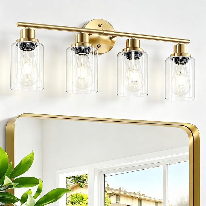 4-Light Gold Bathroom Light Fixtures, E26 Modern Vanity Lights for Bathroom with Clear Glass Shade, Wall Lamps for Mirror Hallway Kitchen Cabinet Living Room Sconces Lights