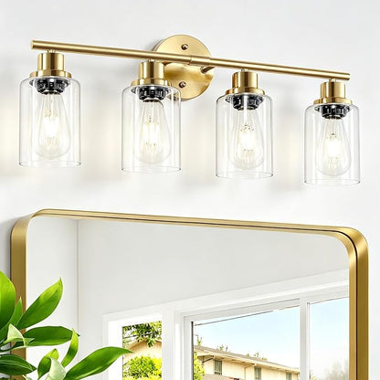 4-Light Gold Bathroom Light Fixtures, E26 Modern Vanity Lights for Bathroom with Clear Glass Shade, Wall Lamps for Mirror Hallway Kitchen Cabinet Living Room Sconces Lights