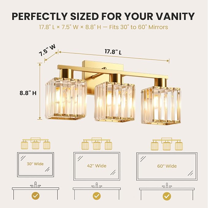 Crystal Bathroom Light Fixtures, 3-Light Brushed Gold, Vanity Lights for Bathroom Over Mirror, Modern Bath Wall Sconce for Mirror Bedroom Living Room