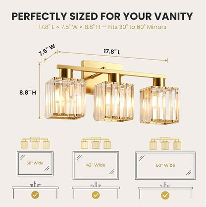 Crystal Bathroom Light Fixtures, 3-Light Brushed Gold, Vanity Lights for Bathroom Over Mirror, Modern Bath Wall Sconce for Mirror Bedroom Living Room