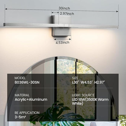 Bathroom Vanity Light Fixtures - 30inch Dimmable Brushed Nickel Bathroom Lights Over Mirror 18W LED Vanity Light Bar 3500K Modern Wall Sconce Lighting for Mural