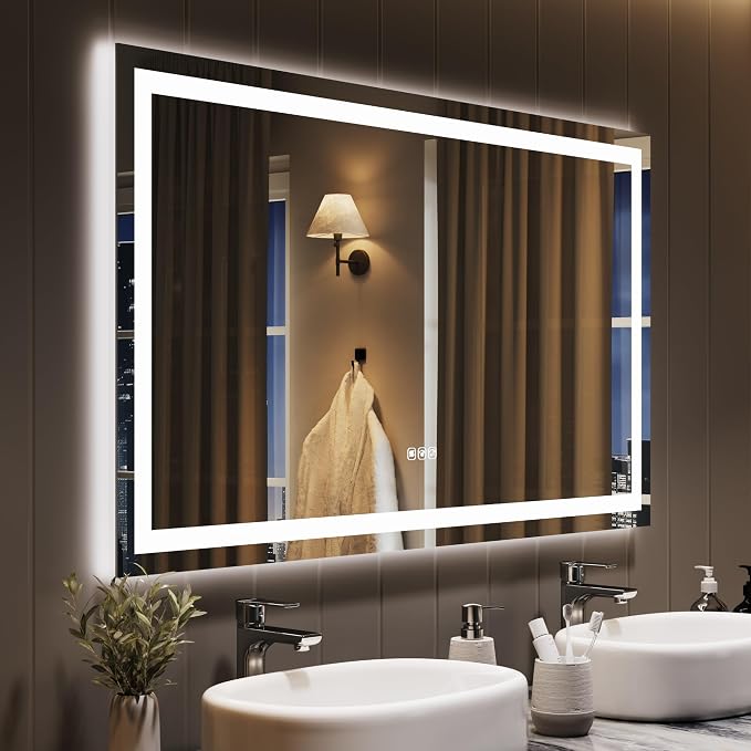 LED Bathroom Mirror 50 x 28 inch, Lighted Bathroom Vanity Mirror with Front Light and Backlit Ambient LED, Frameless Wall Mounted Mirror with Adjustable Color Temperature