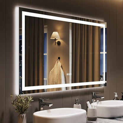 LED Bathroom Mirror 50 x 28 inch, Lighted Bathroom Vanity Mirror with Front Light and Backlit Ambient LED, Frameless Wall Mounted Mirror with Adjustable Color Temperature