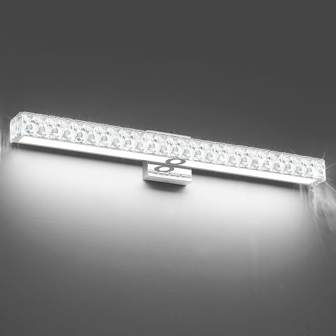 SOLFART Bathroom Vanity Lighting, Crystal Bathroom Light Fixtures Over Mirror LED Lights for Restroom, 32.5 Inch Chrome Light Over Mirror