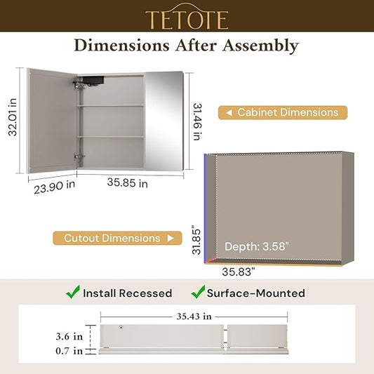 TETOTE 36 x 32 Medicine Cabinet with Lights, Adjustable Shelves, Silver Aluminum Cabinet, Anti-Fog Stepless Dimmable 3 Colors White/Warm/Natural, Easy to Install(Wall Mount/Recessed)