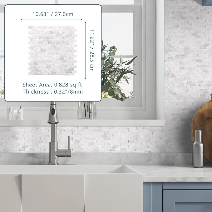 SUNWINGS 5-Sheet Peel and Stick Mosaic Natural 3D Stone Self Adhesive Marble Tiles, 10.63" x 11.22" Stick on Backsplash for Kitchen Bathroom Fireplace Vanity, Mixed Gray