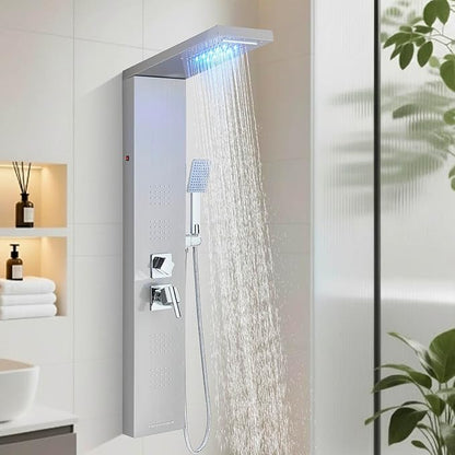 FUZ Shower Panel Tower System, Stainless Steel 5 IN 1 Shower Panel System with LED Fancy Rain Shower Head and Handheld, Adujstable Rainfall Massage Body Jets and Tub Spout, Brushed Nickel Shower Tower