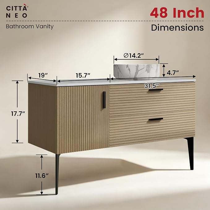 48" Fluted Bathroom Vanity with Vessel Sink, Wall-Mounted, Oak | Modern Bathroom Cabinet with Offset Carrara Sink, 2 Soft-Closing Drawers & 1 Door, Engineered Stone Countertop