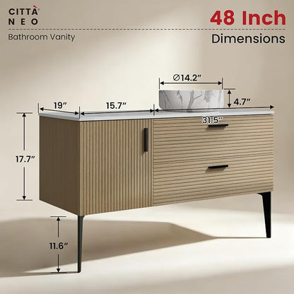48" Fluted Bathroom Vanity with Vessel Sink, Wall-Mounted, Oak | Modern Bathroom Cabinet with Offset Carrara Sink, 2 Soft-Closing Drawers & 1 Door, Engineered Stone Countertop