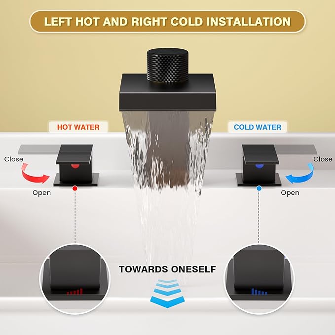 Bathroom Faucet 3 Hole, Black Bathroom Sink Faucet with Filter, 8 Inch Widespread Waterfall Bathroom Faucet with Metal Pop-Up Drain and Supply Hoses, Perfect for Vanity, Restroom, Sink, Rv