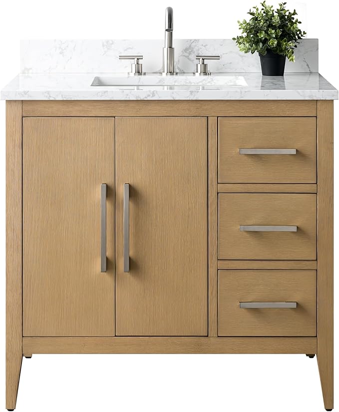 Vanity Art 36 inch Bathroom Vanity with Single Sink & Ceramic Top, Vanity Cabinet with Soft-Closing Doors, Drawers, Solid Wood Frame, Natural Oak,VA9036-NO-BN1