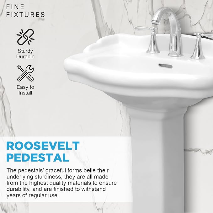 Roosevelt Bathroom Pedestal Sink – 22-Inch Small Pedestal Sink, Durable Vitreous China Ceramic with 8 Inch 3-Hole Bathroom Sink Faucet – Ideal for Modern Bathrooms