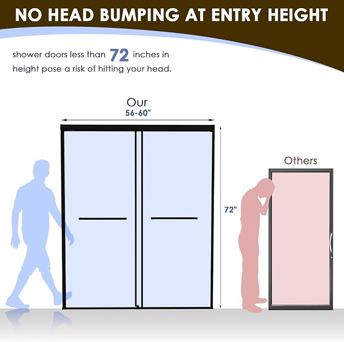 56–60" W x 72" H Semi-Frameless Double Sliding Shower Door | 27.6" Walk-In Opening, 1/4" SGCC Tempered Glass Bypass Door, Matte Black, Reversible Installation