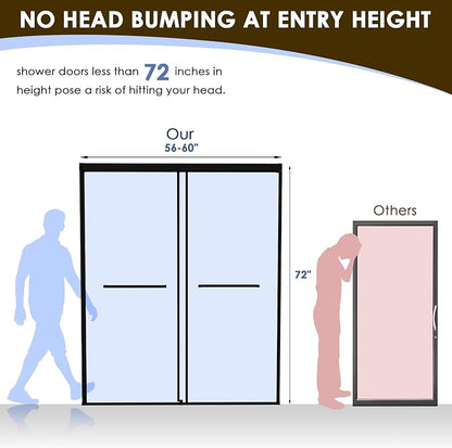 56–60" W x 72" H Semi-Frameless Double Sliding Shower Door | 27.6" Walk-In Opening, 1/4" SGCC Tempered Glass Bypass Door, Matte Black, Reversible Installation