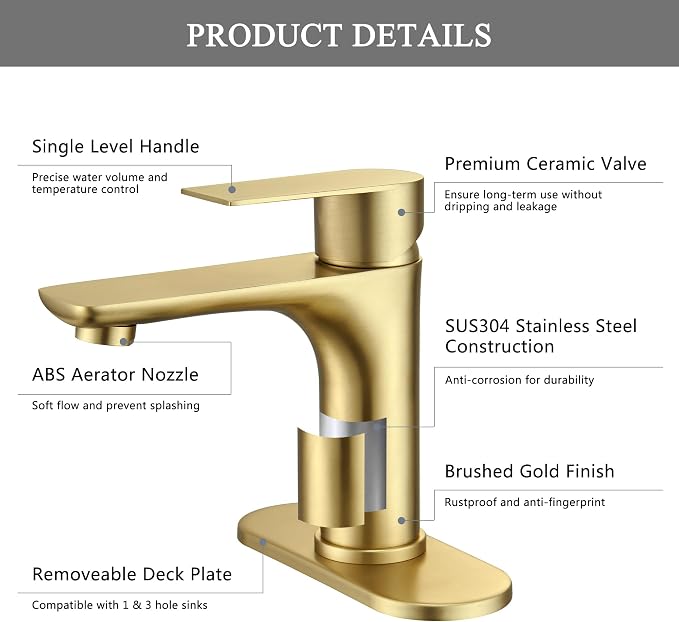 TONNY Single Handle Gold Bathroom Faucet | Stainless Steel Vanity Faucet with Deck Plate for 1 or 3 Holes, with Pop Up Drain for Vessel Sink Laundry Lavatory RV
